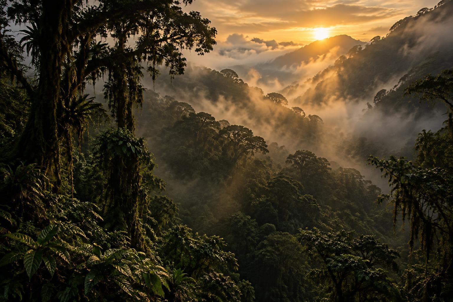 Misty Bolivian cloud forest at dawn